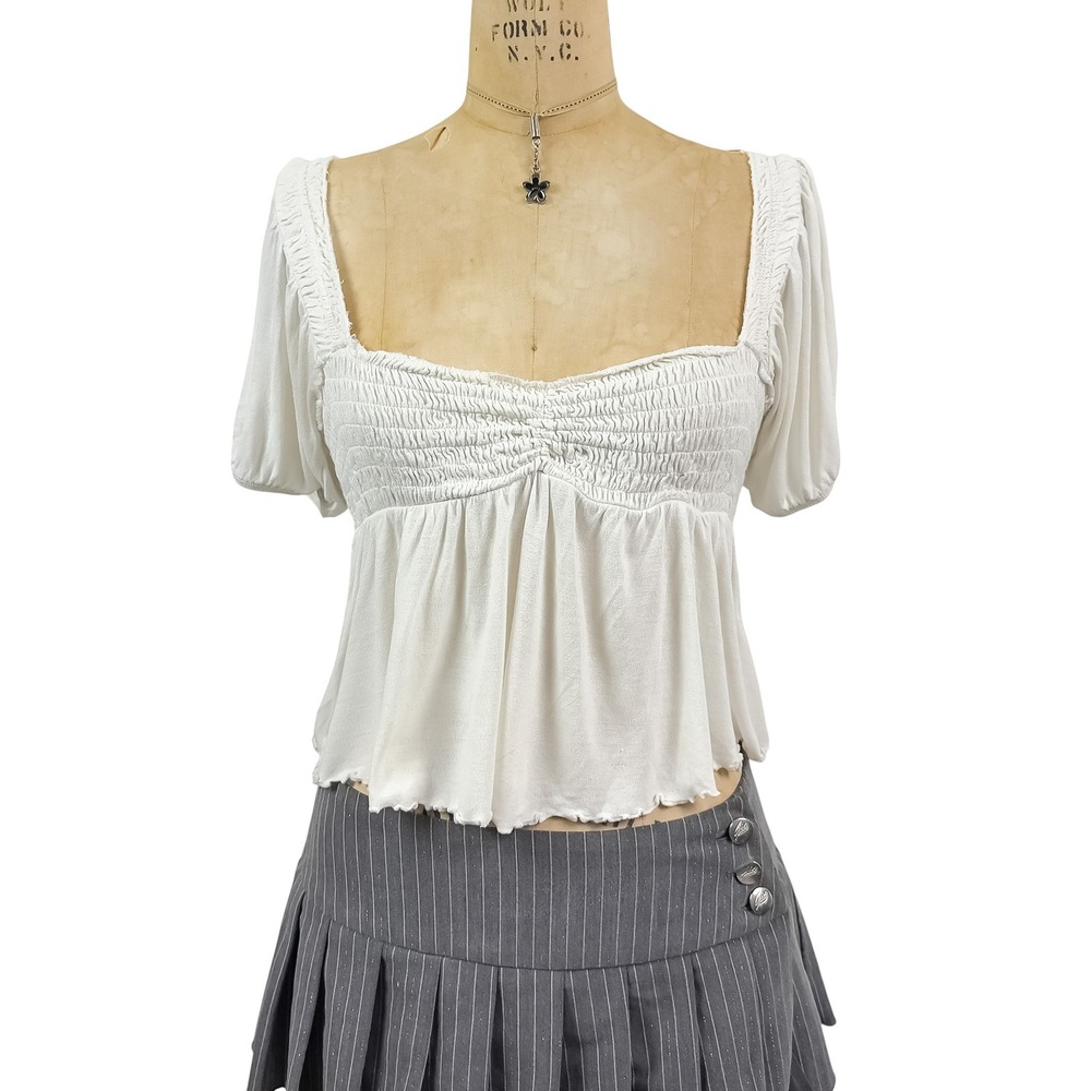 Prairie White Smocked Milkmaid Top Ruched Bust Romantic Puff Sleeve Timeless M S